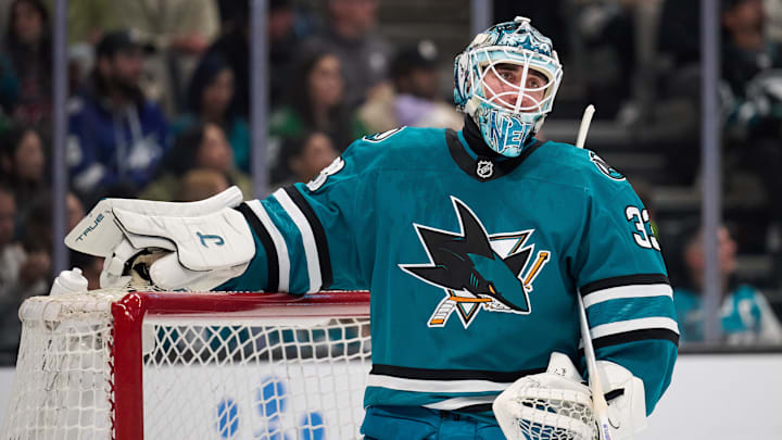 Jan 10, 2026; San Jose, California, USA; San Jose Sharks goalkeeper Alex Nedeljkovic (33) looks on against the Dallas Stars during the first period at SAP Center at San Jose. Mandatory Credit: Robert Edwards-Imagn Images