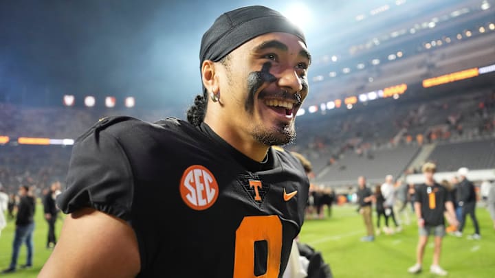 Tennessee quarterback Nico Iamaleava (8) walks off the field after the win over Kentucky after an NCAA college football game on Saturday, Nov. 2, 2024, in Knoxville, Tenn.