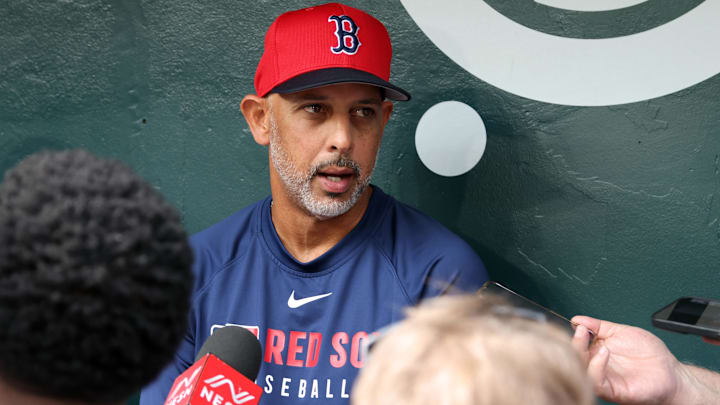 Mar 27, 2025; Arlington, Texas, USA; Boston Red Sox manager Alex Cora (13) talks to the media before the game against the Texas Rangers at Globe Life Field. Mandatory Credit: Tim Heitman-Imagn Images