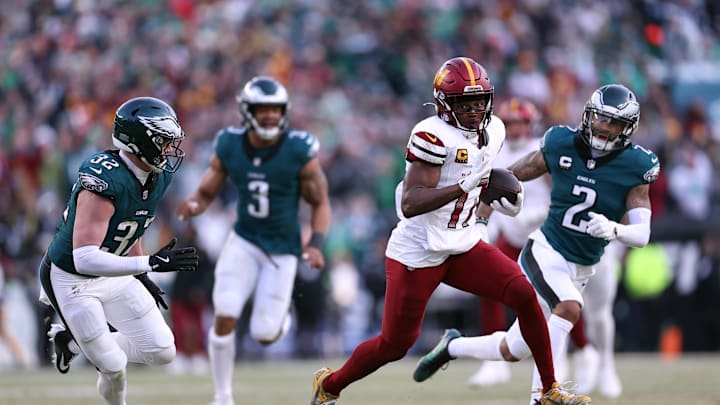 Jan 26, 2025; Philadelphia, PA, USA; Washington Commanders wide receiver Terry McLaurin (17) runs with the ball for a touchdown against the Philadelphia Eagles during the first half in the NFC Championship game at Lincoln Financial Field. Mandatory Credit: Bill Streicher-Imagn Images Jan 26, 2025; Philadelphia, PA, USA; Washington Commanders wide receiver Terry McLaurin (17) runs with the ball for a touchdown against the Philadelphia Eagles during the first half in the NFC Championship game at Lincoln Financial Field. Mandatory Credit: Bill Streicher-Imagn Images