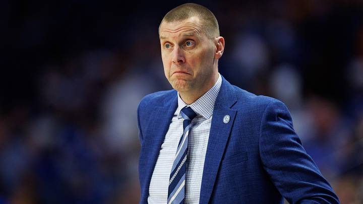 Feb 7, 2026; Lexington, Kentucky, USA; Kentucky Wildcats head coach Mark Pope reacts to the action during the first half against the Tennessee Volunteers at Rupp Arena at Central Bank Center. Mandatory Credit: Jordan Prather-Imagn Images