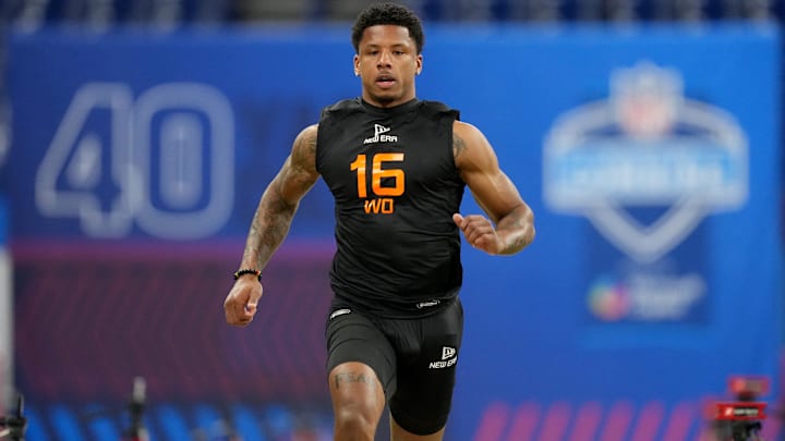 Texas wideout Matthew Golden during the 2025 NFL Combine at Lucas Oil Stadium.