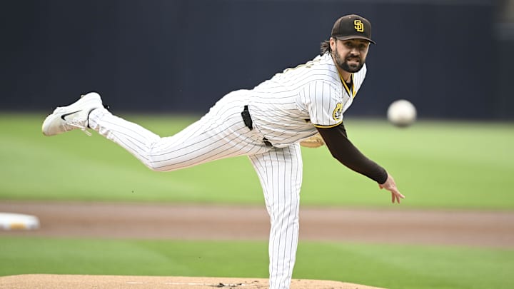 Jun 8, 2024; San Diego, California, USA; San Diego Padres starting pitcher Matt Waldron (61) pitches during the first inning against the Arizona Diamondbacks at Petco Park. Mandatory Credit: Denis Poroy-USA TODAY Sports at Petco Park. 