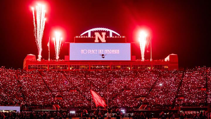 Nov 1, 2025; Lincoln, Nebraska, USA; Fireworks go off during the light show between the third and four quarter between the Nebraska Cornhuskers and the Southern California Trojans at Memorial Stadium. Mandatory Credit: Dylan Widger-Imagn Images