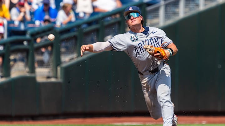 Jun 15, 2025; Omaha, Neb, USA; Arizona Wildcats shortstop Mason White (24) throws to first against the Louisville Cardinals during the eighth inning at Charles Schwab Field. Mandatory Credit: Dylan Widger-Imagn Images