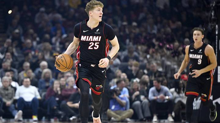 Mar 25, 2026; Cleveland, Ohio, USA; Miami Heat guard Kasparas Jakucionis (25) brings the ball up court in the first quarter against the Cleveland Cavaliers at Rocket Arena. Mandatory Credit: David Richard-Imagn Images Mar 25, 2026; Cleveland, Ohio, USA; Miami Heat guard Kasparas Jakucionis (25) brings the ball up court in the first quarter against the Cleveland Cavaliers at Rocket Arena. Mandatory Credit: David Richard-Imagn Images