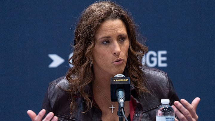 Stephanie White, new Indiana Fever head coach, speaks Monday, Nov. 4, 2024, during a press conference held on Salesforce Court at Gainbridge Fieldhouse in Indianapolis.