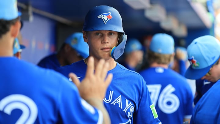 Mar 2, 2026; Dunedin, Florida, USA;  Toronto Blue Jays shortstop Josh Kasevich (86) scores a run during the fifth inning against the Boston Red Sox at TD Ballpark. Mandatory Credit: Kim Klement Neitzel-Imagn Images
