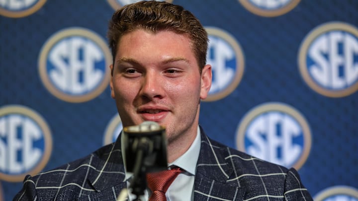 Jul 15, 2025; Atlanta, GA, USA; Auburn Tigers offensive lineman Connor Lew answers questions from the media during SEC Media Days at Omni Atlanta Hotel. Mandatory Credit: Jordan Godfree-Imagn Images