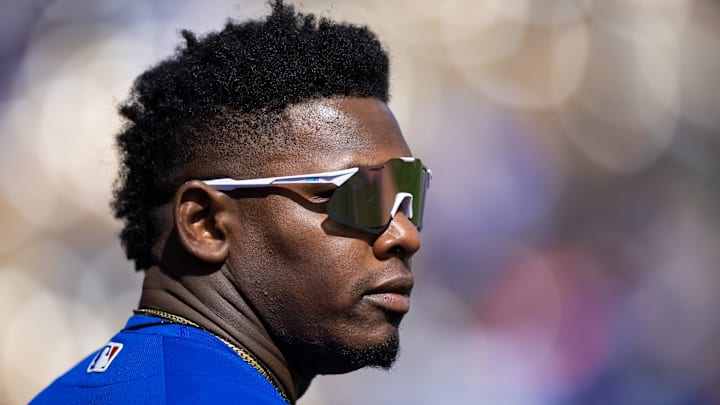 Feb 26, 2023; Phoenix, Arizona, USA; Chicago Cubs outfielder Yonathan Perlaza against the Los