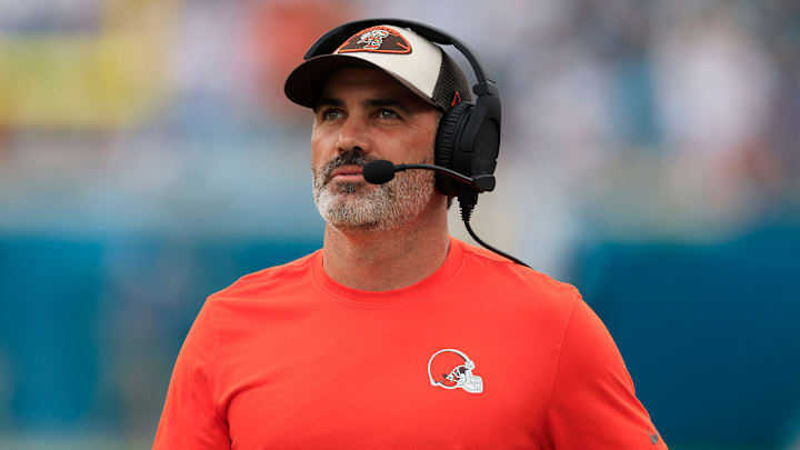 Cleveland Browns head coach Kevin Stefanski looks on during the first quarter of an NFL football matchup Sunday, Sept. 15, 2024 at EverBank Stadium in Jacksonville, Fla. The Browns defeated the Jaguars 18-13.