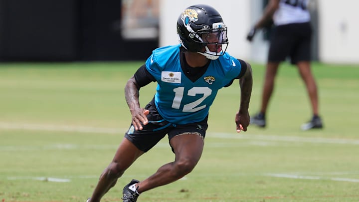 Jacksonville Jaguars wide receiver Travis Hunter (12) runs a route during a rookie minicamp at Miller Electric Center Saturday, May 10, 2025 in Jacksonville, Fla. [Corey Perrine/Florida Times-Union]