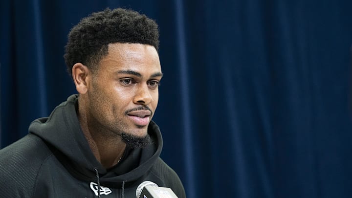 Mississippi wideout Tre Harris answers questions at a press conference during the 2025 NFL Combine at Indiana Convention Center. 