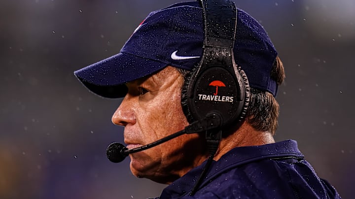 Sep 23, 2023; East Hartford, Connecticut, USA; UConn Huskies head coach Jim Mora watches from the sideline as they take on the Duke Blue Devils at Rentschler Field at Pratt & Whitney Stadium. Mandatory Credit: David Butler II-Imagn Images Sep 23, 2023; East Hartford, Connecticut, USA; UConn Huskies head coach Jim Mora watches from the sideline as they take on the Duke Blue Devils at Rentschler Field at Pratt & Whitney Stadium. Mandatory Credit: David Butler II-Imagn Images