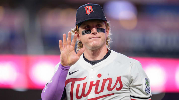 Jul 26, 2025; Minneapolis, Minnesota, USA; Minnesota Twins left fielder Harrison Bader (12) waves at a fan while walking to the dugout after the ninth inning against the Washington Nationals at Target Field. Mandatory Credit: Matt Blewett-Imagn Images Jul 26, 2025; Minneapolis, Minnesota, USA; Minnesota Twins left fielder Harrison Bader (12) waves at a fan while walking to the dugout after the ninth inning against the Washington Nationals at Target Field. Mandatory Credit: Matt Blewett-Imagn Images