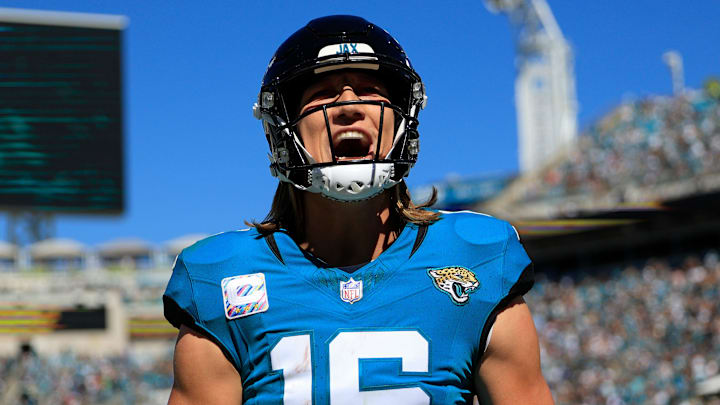 Jacksonville Jaguars quarterback Trevor Lawrence (16) yells after wide receiver Christian Kirk (13), not shown, caught a pass for a touchdown score during the second quarter of an NFL football matchup Sunday, Oct. 15, 2023 at EverBank Stadium in Jacksonville, Fla. The Jacksonville Jaguars defeated the Indianapolis Colts 37-20. Jacksonville Jaguars quarterback Trevor Lawrence (16) yells after wide receiver Christian Kirk (13), not shown, caught a pass for a touchdown score during the second quarter of an NFL football matchup Sunday, Oct. 15, 2023 at EverBank Stadium in Jacksonville, Fla. The Jacksonville Jaguars defeated the Indianapolis Colts 37-20.