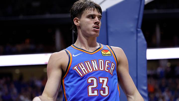 Oct 6, 2026; Tulsa, Oklahoma, USA; Oklahoma City Thunder guard Brooks Barnhizer (23) reacts after a play against the New Orleans Pelicans during the second half at BOK Center. Mandatory Credit: Alonzo Adams-Imagn Images