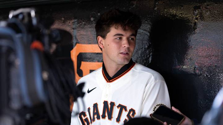 Jul 29, 2026; San Francisco, California, USA; San Francisco Giants first round draft pick Jackson Flora meets with the media before the Giants take on the Milwaukee Brewers at Oracle Park. Mandatory Credit: D. Ross Cameron-Imagn Images