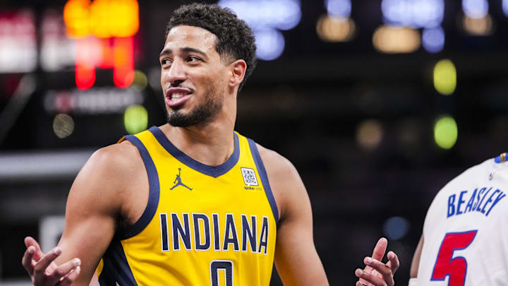Nov 29, 2024; Indianapolis, IN, USA; Indiana Pacers guard Tyrese Haliburton (0) expresses frustration Friday, Nov. 29, 2024, during a game between the Indiana Pacers and the Detroit Pistons at Gainbridge Fieldhouse in Indianapolis.  Mandatory Credit: Grace Smith/USA TODAY Network via Imagn Images 
