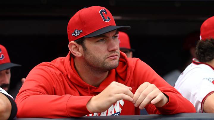 Oct 3, 2026: Cleveland Guardians pitcher Gavin Williams (32) looks on from the dugout before the game against the Chicago White Sox in Game 1of the ALDS for the 2026 MLB Playoffs at Progressive Field. Credit: Ken Blaze-Imagn Images
