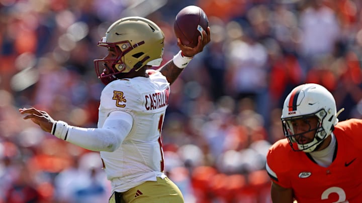 Oct 5, 2024; Charlottesville, Virginia, USA; Boston College Eagles quarterback Thomas Castellanos (1) throws a pass during the third quarter against the Virginia Cavaliers at Scott Stadium. Mandatory Credit: Peter Casey-Imagn Images Oct 5, 2024; Charlottesville, Virginia, USA; Boston College Eagles quarterback Thomas Castellanos (1) throws a pass during the third quarter against the Virginia Cavaliers at Scott Stadium. Mandatory Credit: Peter Casey-Imagn Images