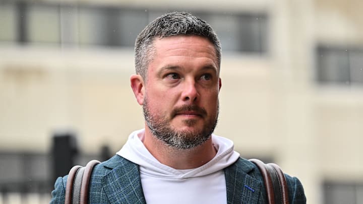 Nov 8, 2025; Iowa City, Iowa, USA; Oregon Ducks head coach Dan Lanning enters Kinnick Stadium before the game against the Iowa Hawkeyes. Mandatory Credit: Jeffrey Becker-Imagn Images