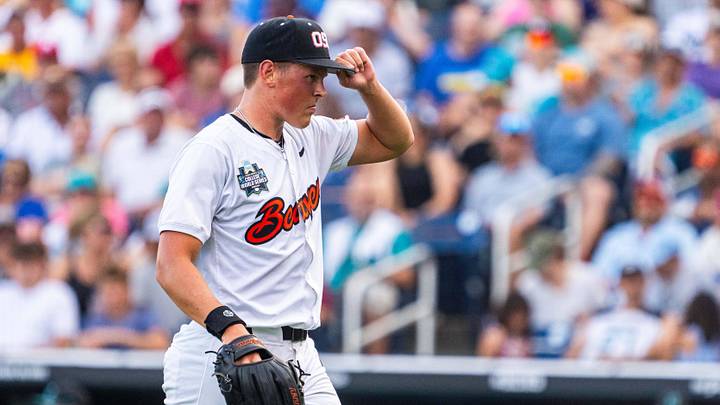 Jun 15, 2025; Omaha, Neb, USA; Oregon State Beavers starting pitcher Ethan Kleinschmit (24) walks off the mound during the second inning against the Coastal Carolina Chanticleers at Charles Schwab Field. Mandatory Credit: Dylan Widger-Imagn Images