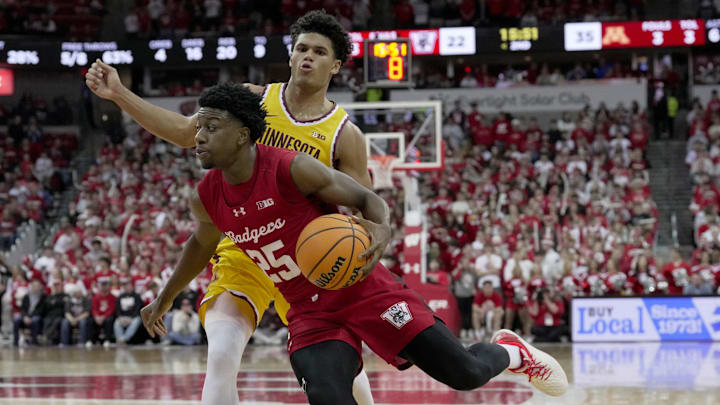 Wisconsin guard John Blackwell (25) turns the corner on Minnesota guard Isaac Asuma (1) during the second half of their game Wednesday, January 28, 2026 at the Kohl Center in Madison, Wisconsin. Wisconsin beat Minnesota 67-63. Wisconsin guard John Blackwell (25) turns the corner on Minnesota guard Isaac Asuma (1) during the second half of their game Wednesday, January 28, 2026 at the Kohl Center in Madison, Wisconsin. Wisconsin beat Minnesota 67-63.