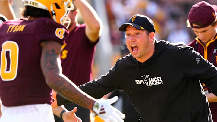 ASU head coach Kenny Dillingham celebrates with Arizona State wide receiver Jordyn Tyson (0) after a touchdown drive against BYU during the first half at Mountain America Stadium in Tempe on Nov. 23, 2024.