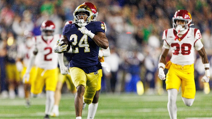 Notre Dame running back Jadarian Price (24) returns a kick for a touchdown in the second half of a NCAA football game against Southern California at Notre Dame Stadium on Saturday, Oct. 18, 2025, in South Bend. Notre Dame running back Jadarian Price (24) returns a kick for a touchdown in the second half of a NCAA football game against Southern California at Notre Dame Stadium on Saturday, Oct. 18, 2025, in South Bend.