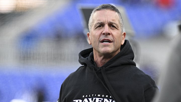 Jan 4, 2025; Baltimore, Maryland, USA;  Baltimore Ravens head coach John Harbaugh before the game against the Cleveland Browns at M&T Bank Stadium. Mandatory Credit: Tommy Gilligan-Imagn Images