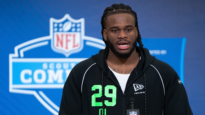Feb 28, 2026; Indianapolis, IN, USA; Arizona State offensive lineman Max Iheanachor (OL29) speaks to members of the media during the NFL Combine at the Indiana Convention Center. Mandatory Credit: Jacob Musselman-Imagn Images