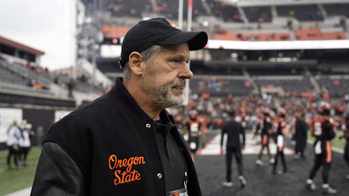 Oct 14, 2023; Corvallis, Oregon, USA; Oregon State athletic director Scott Barnes walks to the field before the game against the UCLA Bruins at Reser Stadium. Mandatory Credit: Soobum Im-Imagn Images