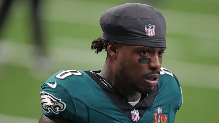 Philadelphia Eagles safety C.J. Gardner-Johnson (8) practices before Super Bowl LIX against the Kansas City Chiefs at Caesars Superdome.