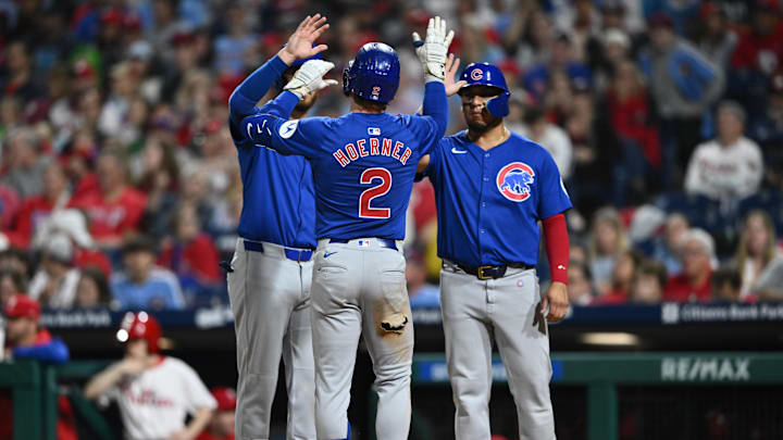Sep 25, 2024; Philadelphia, Pennsylvania, USA; Chicago Cubs infielder Nico Hoerner (2) celebrates with teammates after hitting a three-run home run against the Philadelphia Phillies in the fourth inning at Citizens Bank Park.