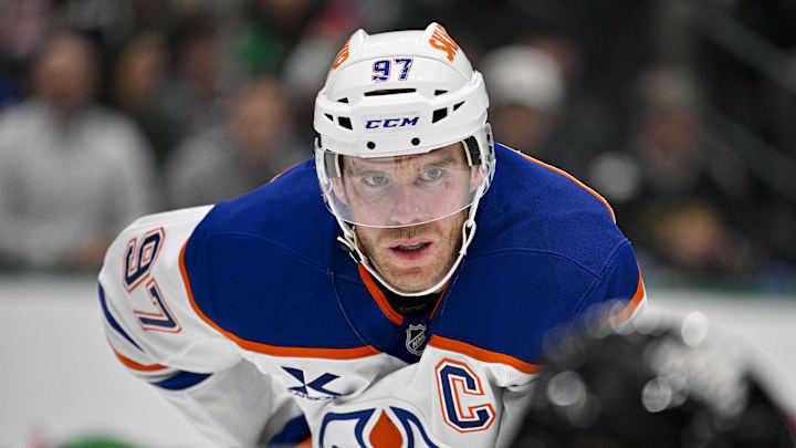 Mar 12, 2026; Dallas, Texas, USA; Edmonton Oilers center Connor McDavid (97) looks on during the game between the Stars and the Oilers at the American Airlines Center. Mandatory Credit: Jerome Miron-Imagn Images