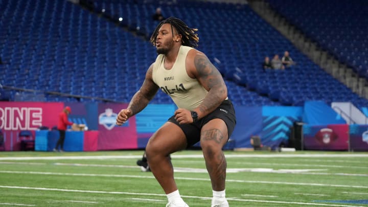 Mar 3, 2024; Indianapolis, IN, USA; Alabama offensive lineman JC Latham (OL41)during the 2024 NFL