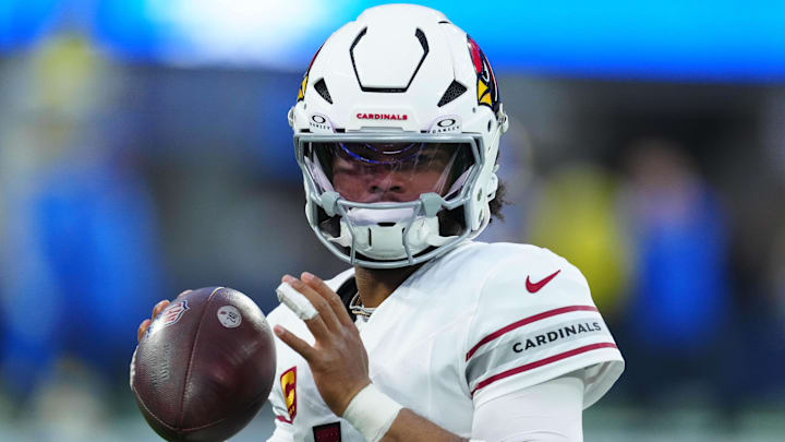 Dec 28, 2024; Inglewood, California, USA; Arizona Cardinals quarterback Kyler Murray (1) warms up prior to the game against the Los Angeles Rams at SoFi Stadium. Mandatory Credit: Kirby Lee-Imagn Images