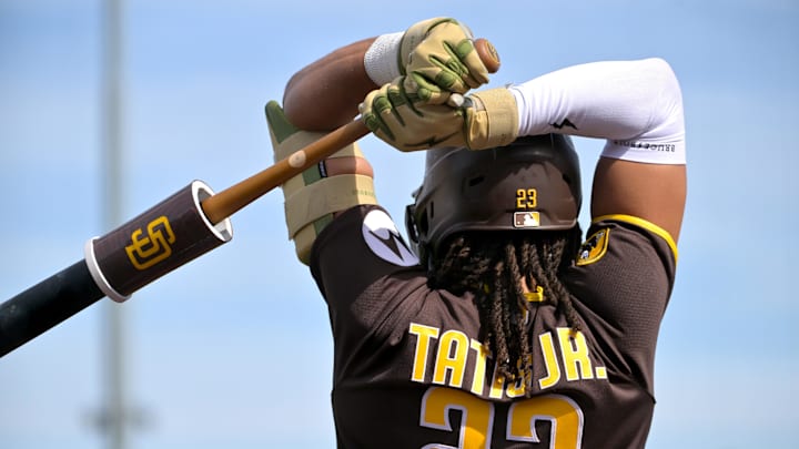 Feb 23, 2026; Peoria, Arizona, USA; San Diego Padres designated hitter Fernando Tatis Jr. (23) on deck in the first inning against the Milwaukee Brewers at Peoria Sports Complex. Mandatory Credit: Jayne Kamin-Oncea-Imagn Images Feb 23, 2026; Peoria, Arizona, USA; San Diego Padres designated hitter Fernando Tatis Jr. (23) on deck in the first inning against the Milwaukee Brewers at Peoria Sports Complex. Mandatory Credit: Jayne Kamin-Oncea-Imagn Images