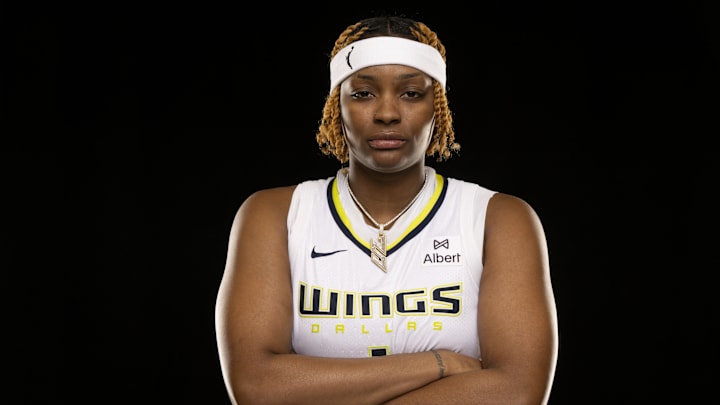 May 7, 2025; Arlington, TX, USA; Dallas Wings forward NaLyssa Smith poses for a photo during the 2025 Dallas Wings Media Day. Mandatory Credit: Jerome Miron-Imagn Images