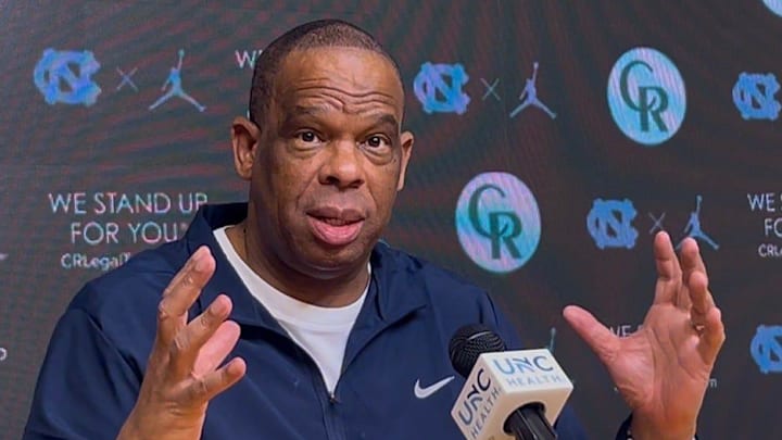 UNC basketball coach Hubert Davis during a press conference on Thursday, March 5, 2026. UNC basketball coach Hubert Davis during a press conference on Thursday, March 5, 2026.