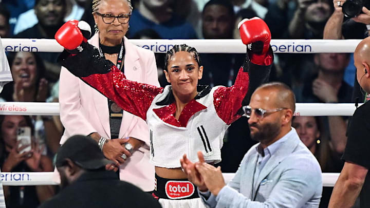 Amanda Serrano enters the ring before her undisputed super lightweight championship fight with Katie Taylor earlier this month.