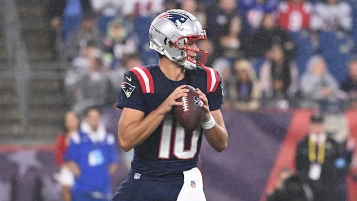 August 8, 2024; Foxborough, MA, USA; New England Patriots quarterback Drake Maye (10) throws a pass against the Carolina Panthers during the first half at Gillette Stadium. Mandatory Credit: Eric Canha-USA TODAY Sports