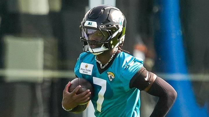 Jacksonville Jaguars wide receiver Brian Thomas Jr. (7) runs upfield after a catch as the Jaguars held their final Organized Team Activity on Monday, June 15, 2026 at the Miller Electric Center in Jacksonville, Fla. 