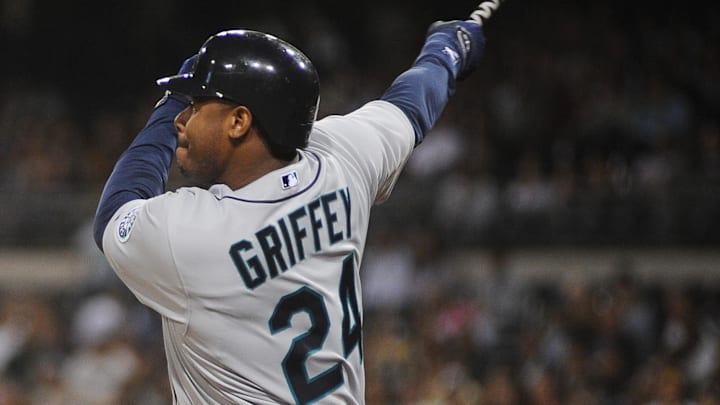 June 16, 2009; San Diego, CA, USA; Seattle Mariners left fielder Ken Griffey Jr. (24) drives in two runs June 16, 2009; San Diego, CA, USA; Seattle Mariners left fielder Ken Griffey Jr. (24) drives in two runs