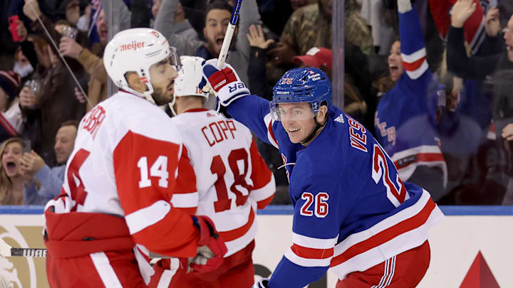 Nov 29, 2023; New York, New York, USA; New York Rangers left wing Jimmy Vesey (26) celebrates his