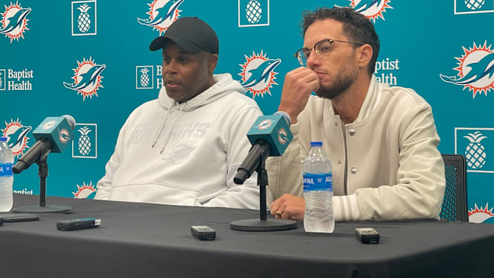 Miami Dolphins GM Chris Grier and Coach Mike McDaniel after the 2025 NFL draft