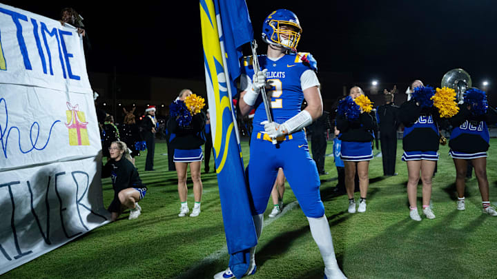 DCA's Carson Sneed (2) leads his team before their Division II-A playoff game against Tipton-Rosemark Academy at Donelson Christian Academy in Nashville, Tenn., Friday, Nov. 8, 2024.