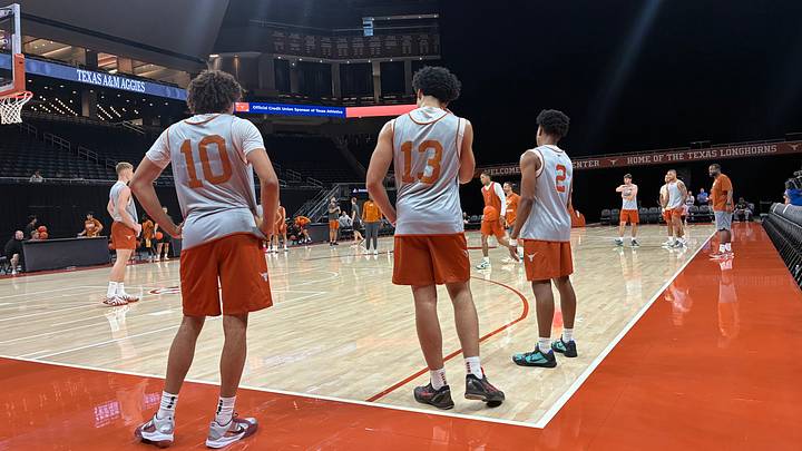 Austin Goosby (left), David Punch (middle) and Isaiah Johnson look on during Texas Longhorns practice at the Moody Center. Austin Goosby (left), David Punch (middle) and Isaiah Johnson look on during Texas Longhorns practice at the Moody Center.