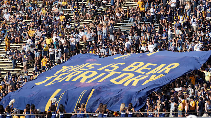 Sep 6, 2025; Berkeley, California, USA; A California Golden Bears banner is displayed in the crowd during the fourth quarter against the Texas Southern Tigers at California Memorial Stadium. Mandatory Credit: Darren Yamashita-Imagn Images